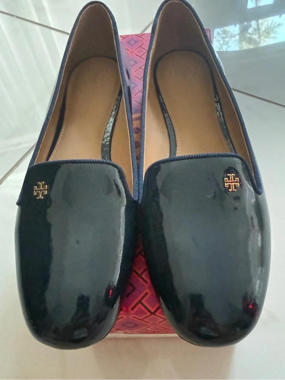 Tory Burch Black Patent Leather Smoking Slippers with Gold Logo